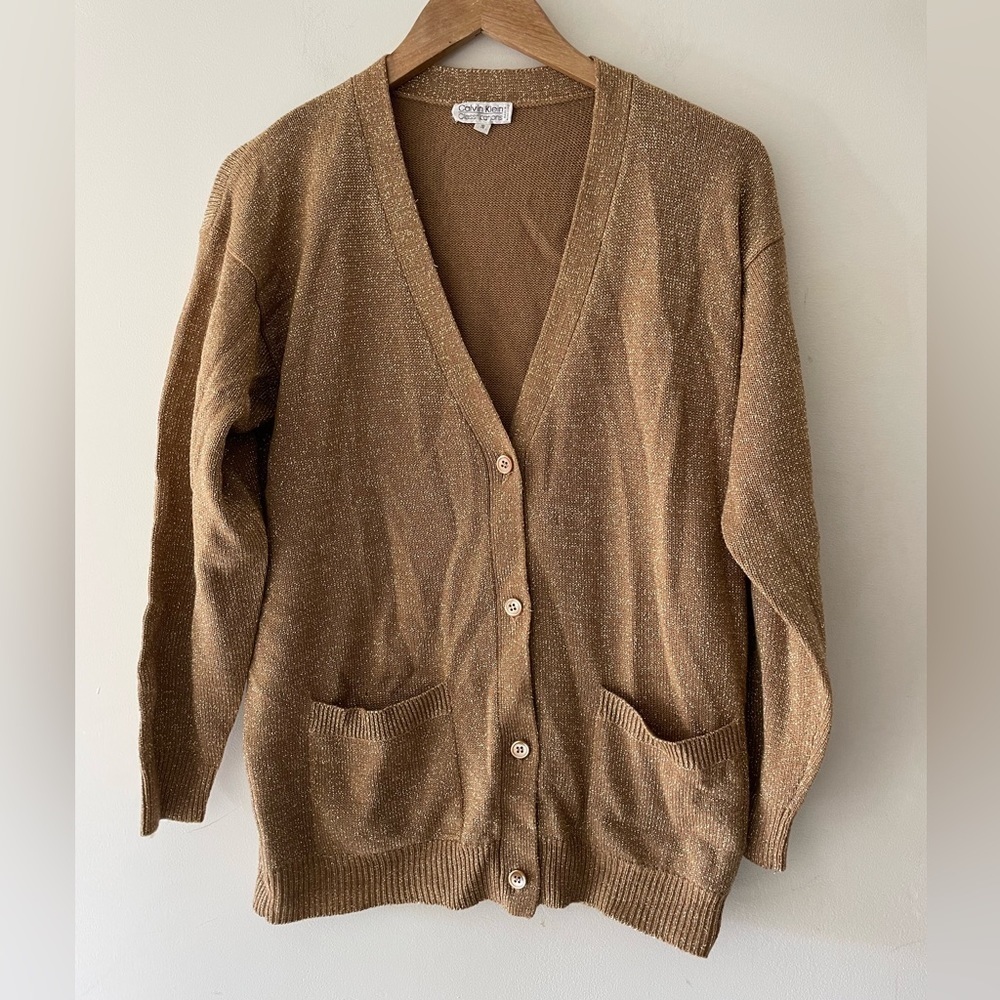 Calvin Klein Women’s Gold Metallic Shimmer Wool Sweater Cardigan Vintage